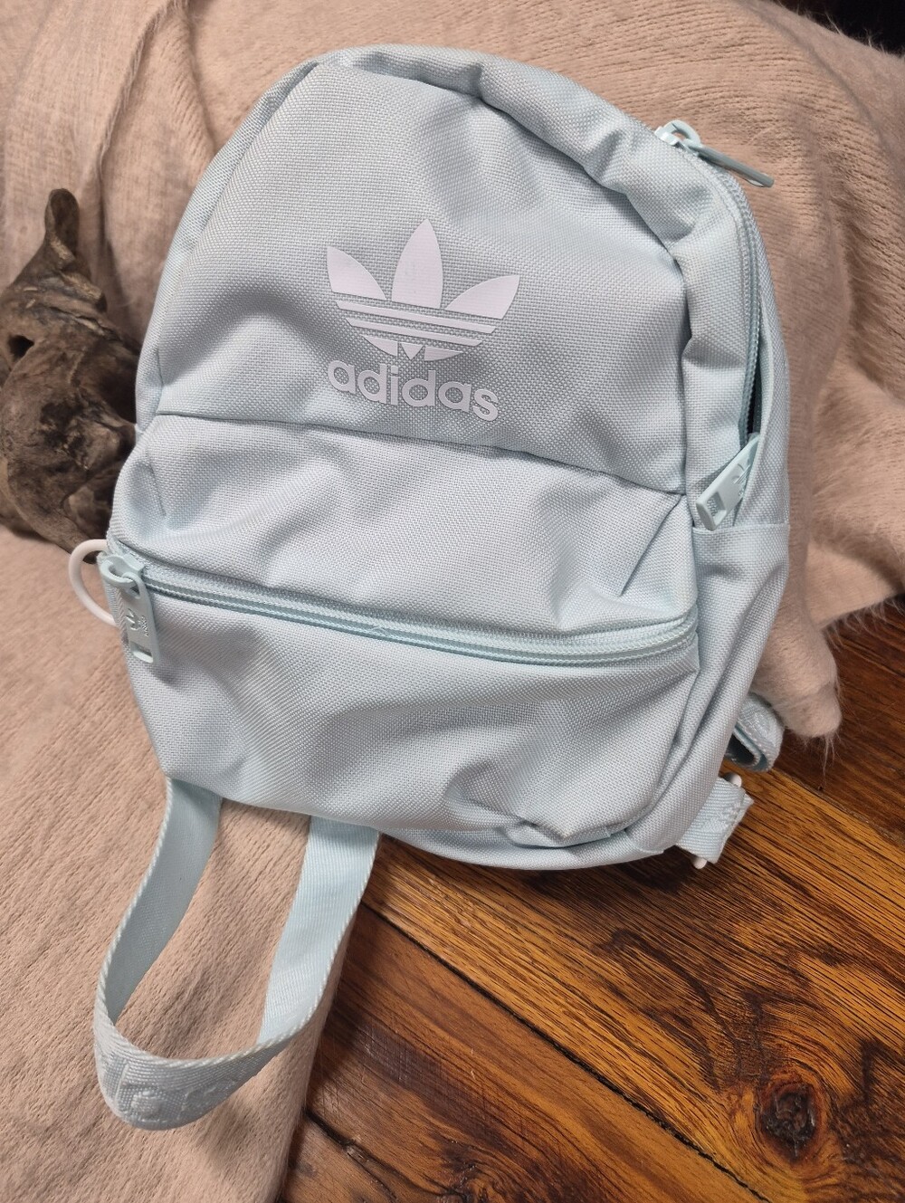 adidas light blue mini backpack with Trefoil logo